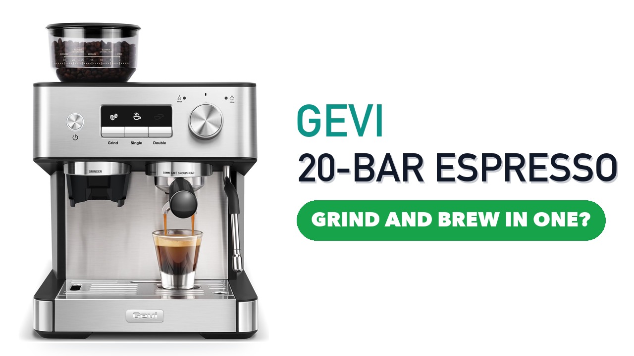 Gevi 20 Bar Espresso Machine with Grinder in silver on a white background