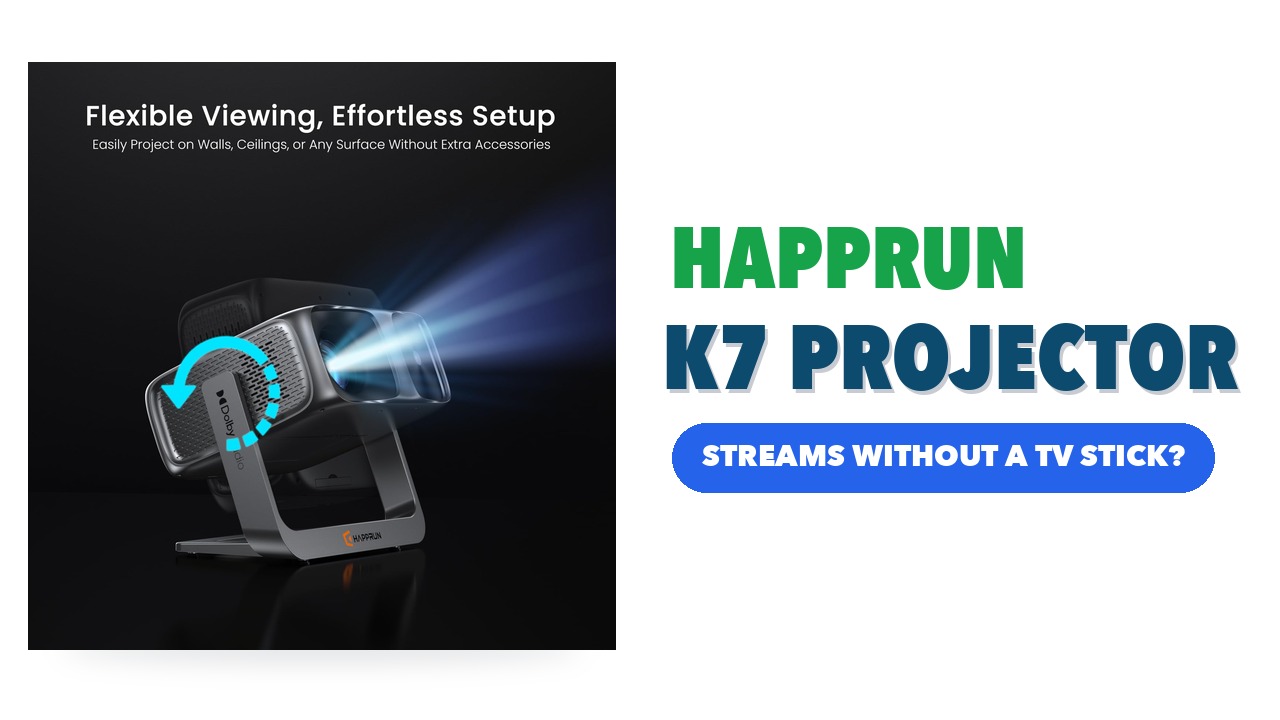 HAPPRUN K7 projector in space grey tilting within its U-shaped stand while projecting a beam of light