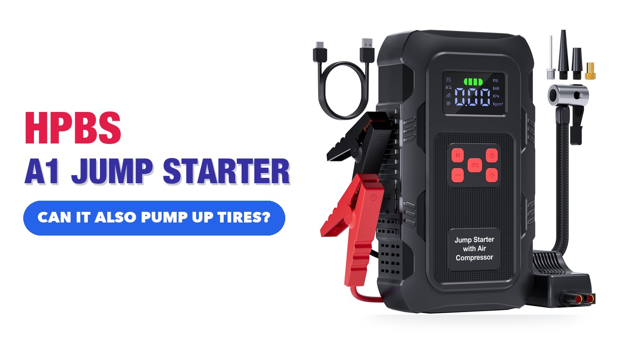 Red HPBS A1 portable jump starter with built-in air compressor and jumper clamps