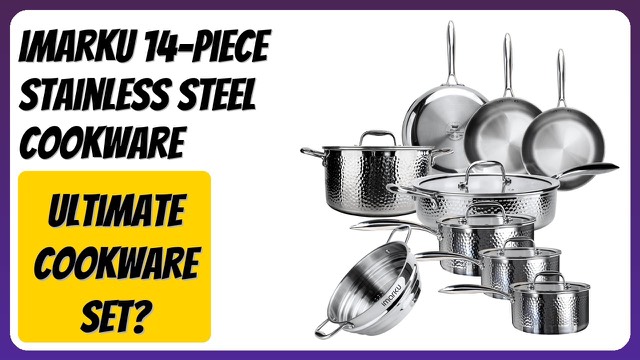 imarku 14-piece hammered stainless steel cookware set with glass lids