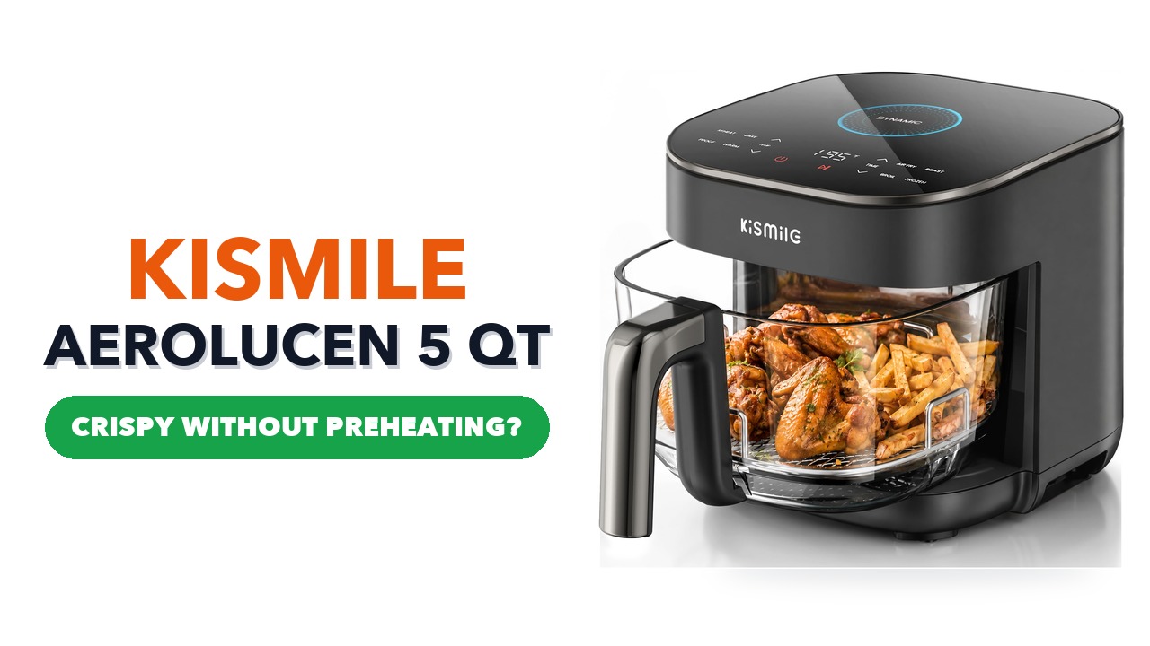 Black Kismile AeroLucen air fryer with a clear glass basket of chicken wings and fries on a white background