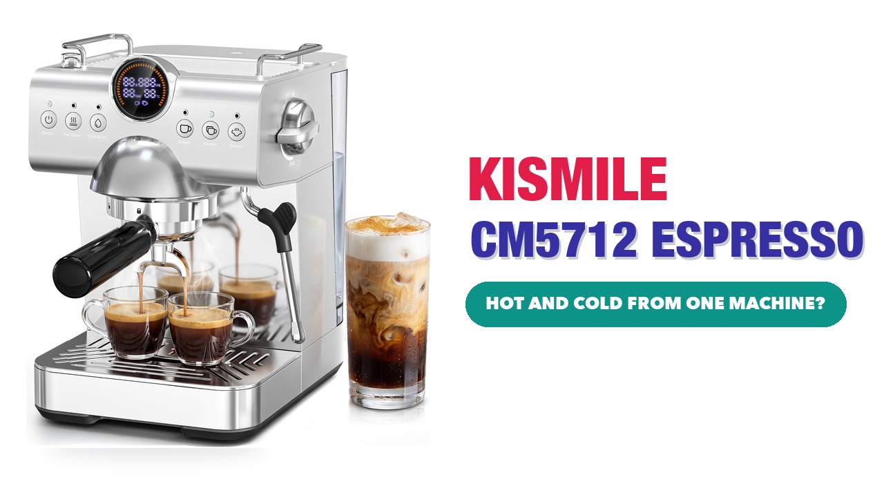 Kismile CM5712 stainless steel espresso machine pouring two espressos, with an iced coffee beside it