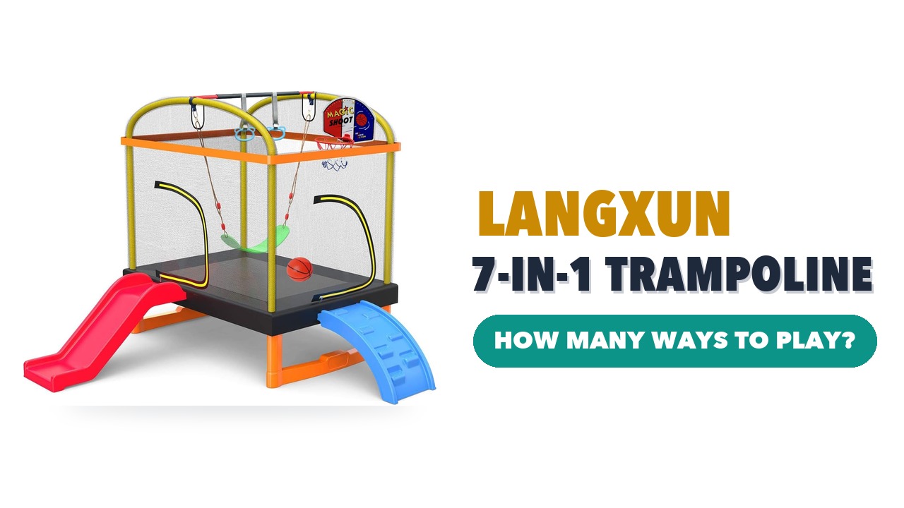LANGXUN 7-in-1 kids trampoline with net enclosure, red slide, blue climbing ramp, swing and basketball hoop