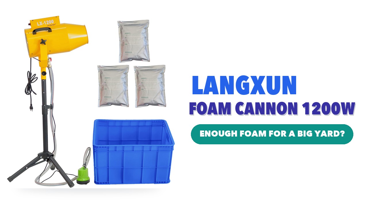 LANGXUN LX-1200 yellow foam cannon on a tripod stand with foam granule packs and a blue water tank
