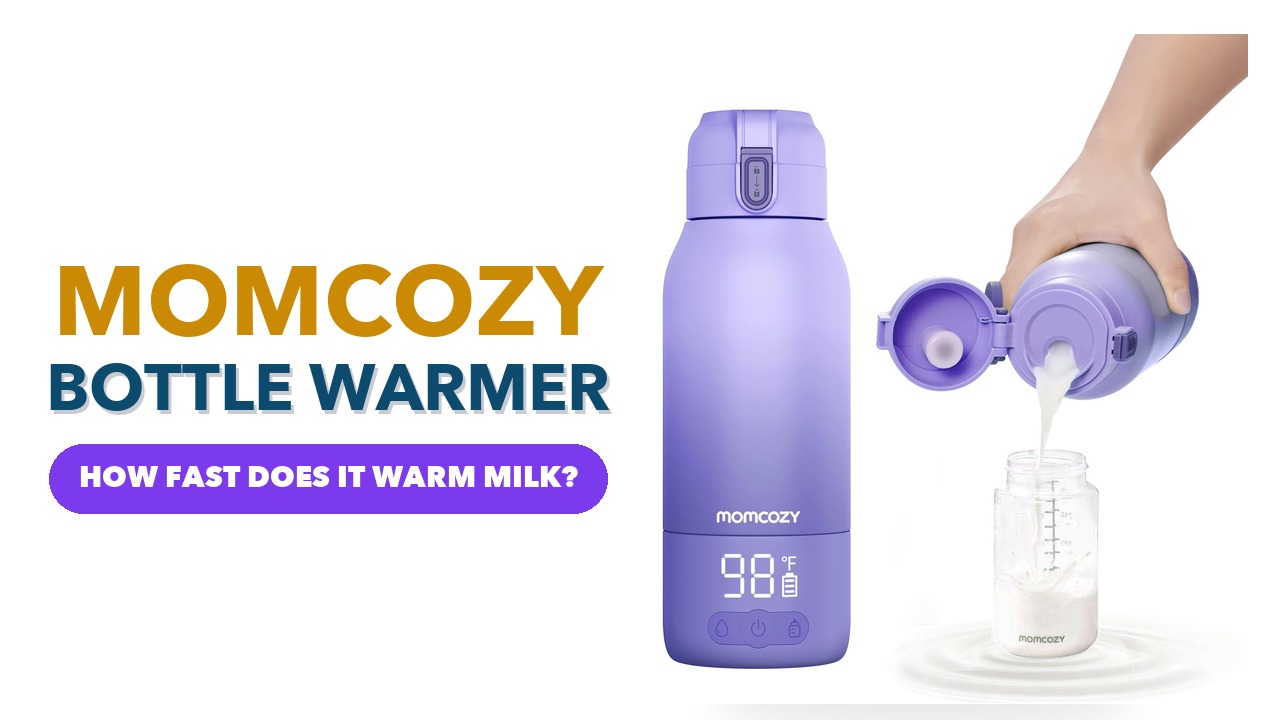Momcozy MW05 portable bottle warmer in light purple, with milk being poured into a baby bottle