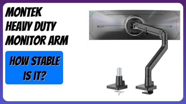 monTEK black heavy-duty gas-spring monitor arm on a desk