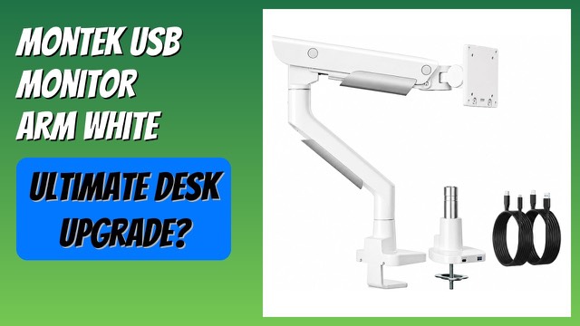 white monTEK monitor arm clamped to a desk holding an ultrawide monitor