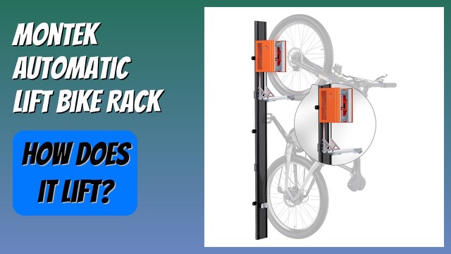 orange monTEK wall-mounted bike lift holding a bicycle upright in a garage