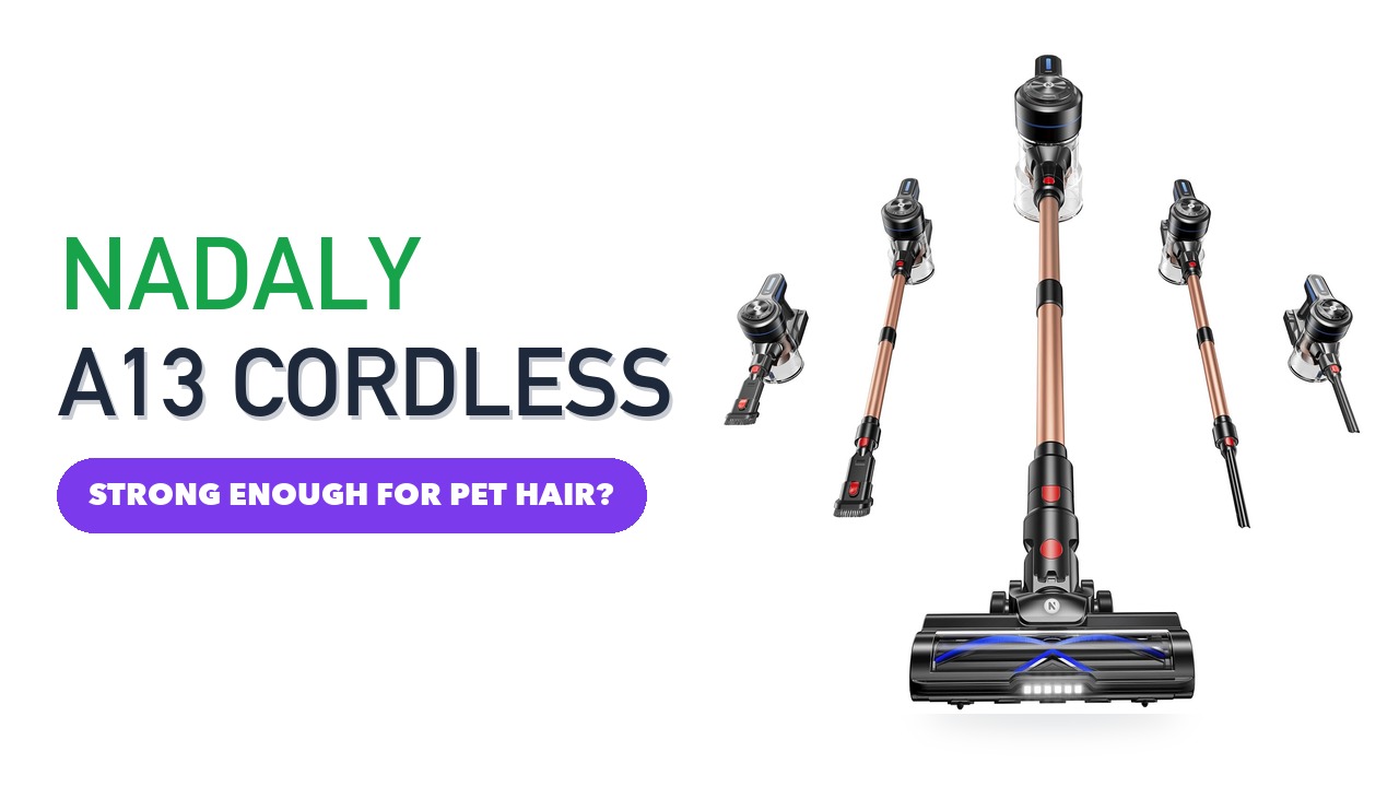 NADALY A13 cordless stick vacuum in gold and black, shown with its handheld and tool configurations