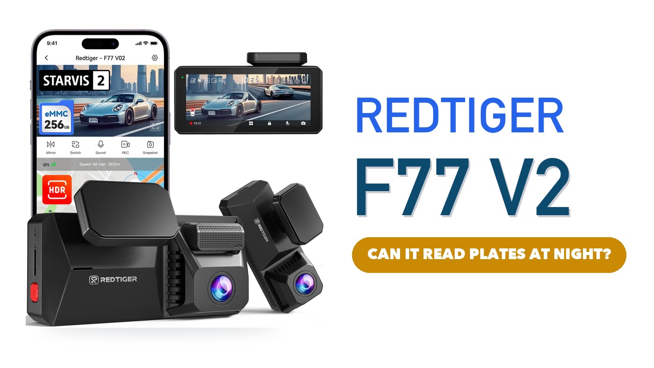 REDTIGER F77 V2 front and rear dash cameras with the app on a phone screen, on a white background