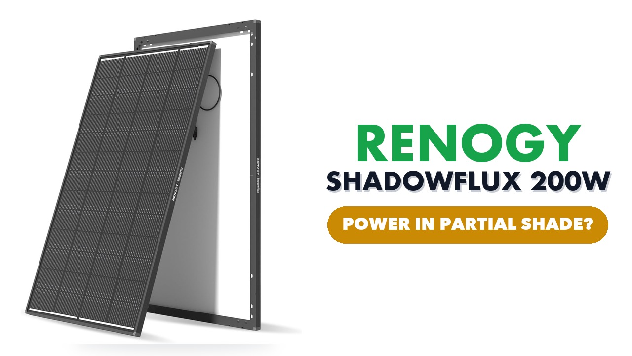 Renogy ShadowFlux 200W rigid solar panel on a white background