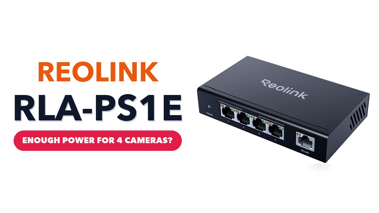 Reolink RLA-PS1E five-port PoE switch on a white background