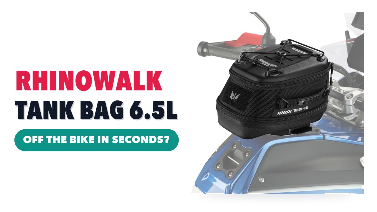 Black Rhinowalk tank bag mounted on a motorcycle fuel tank behind the handlebars
