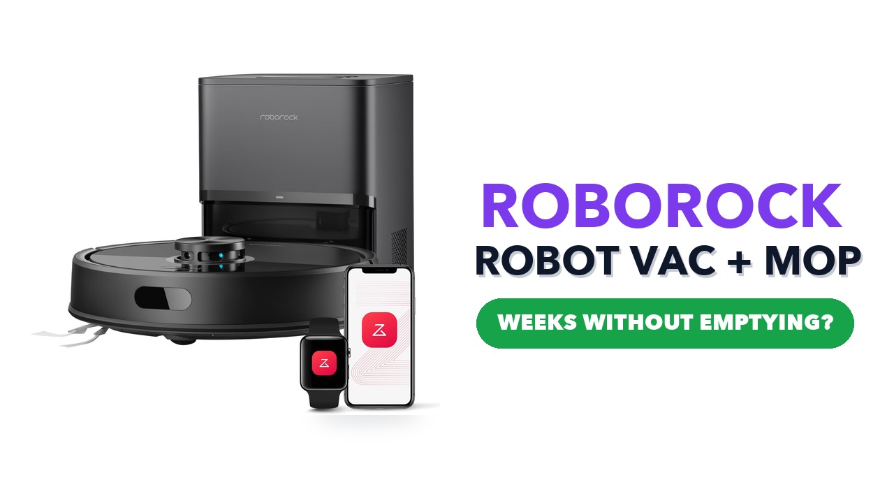 Roborock robot vacuum mop with its RockDock Plus self-empty dock on a white background
