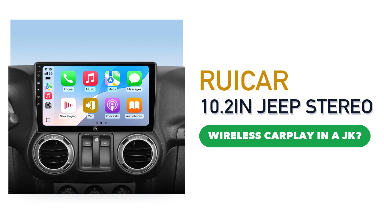 RUICAR 10.2-inch touchscreen car stereo showing phone apps, fitted in a Jeep Wrangler JK dashboard