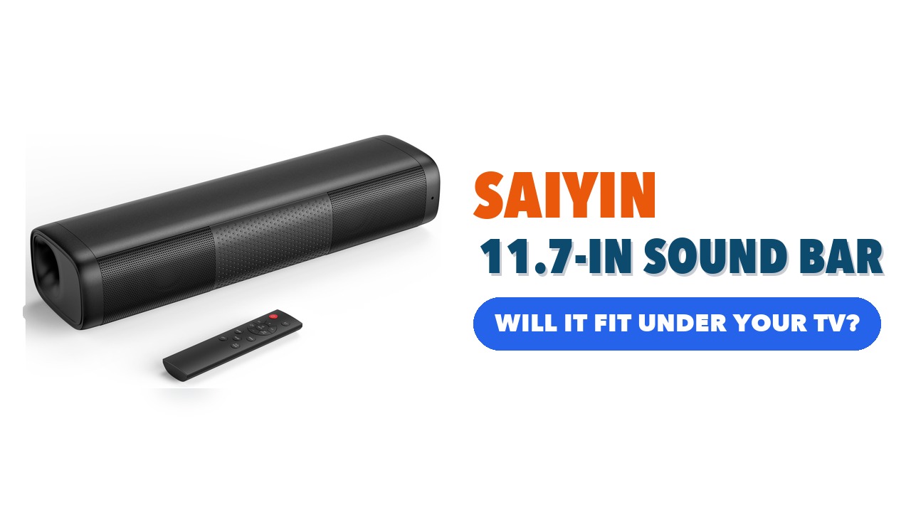 Black Saiyin 11.7-inch compact sound bar with its remote control on a white background