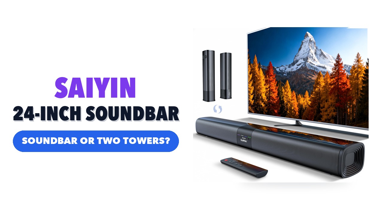 Saiyin 24-inch soundbar in front of a TV, with its two tower halves and remote