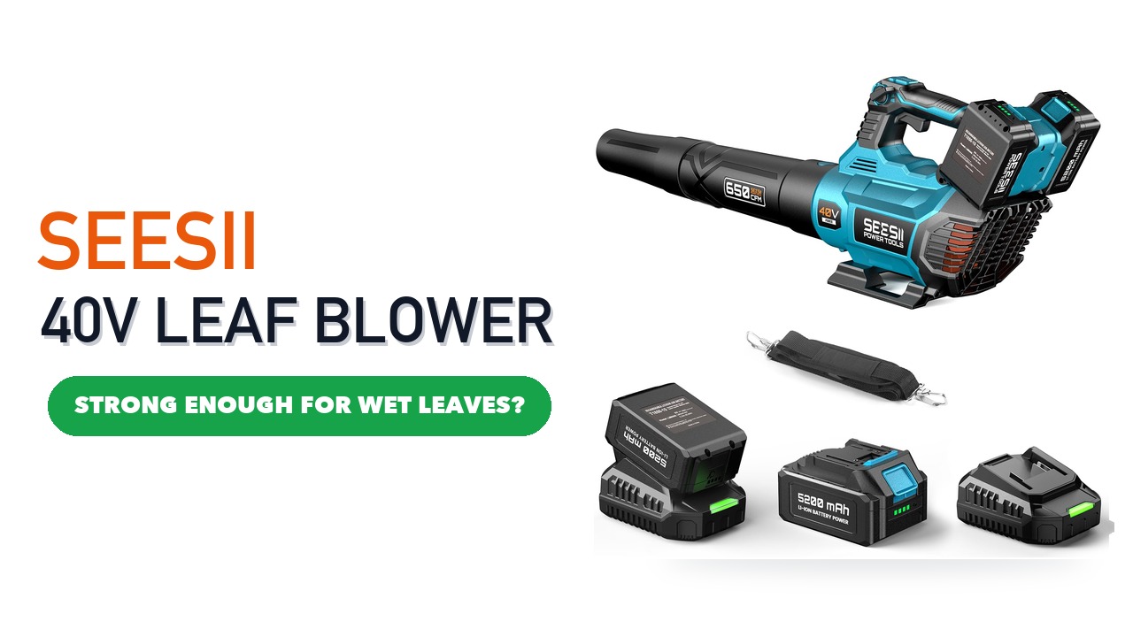 Seesii 40V cordless leaf blower with two 5200mAh batteries, a charger and a shoulder strap