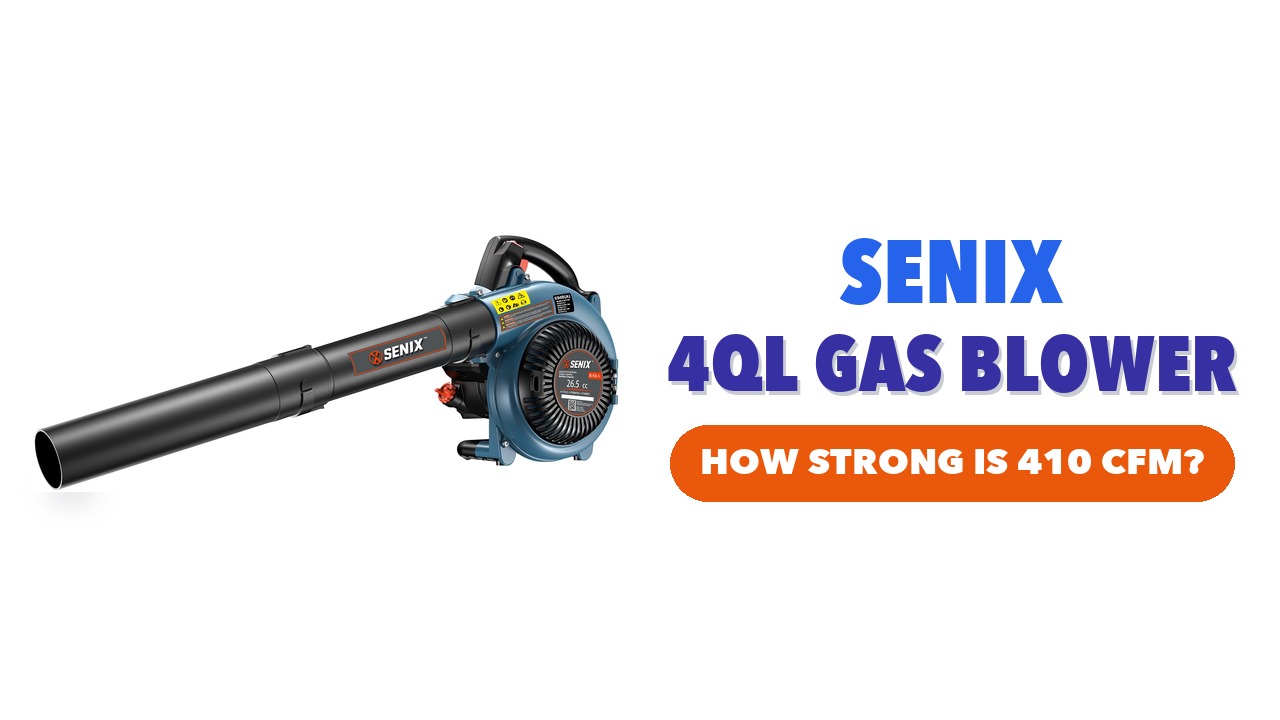 SENIX 4QL handheld gas leaf blower with a long black tube on a white background