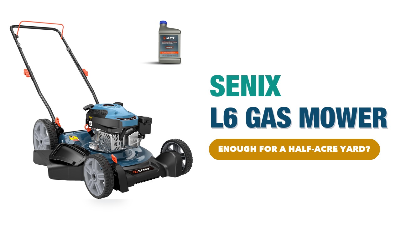 SENIX L6 gas push lawn mower in blue and black on a white background
