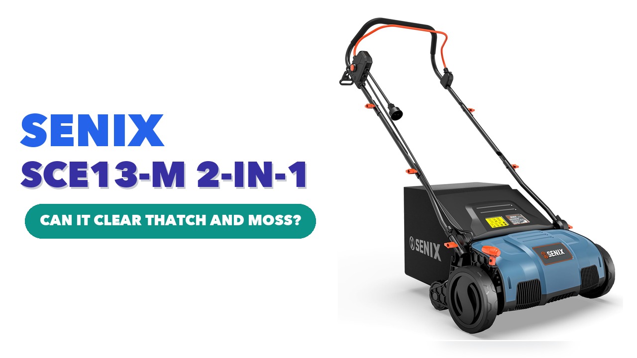 SENIX SCE13-M electric dethatcher in blue and black with its collection bag, on a white background