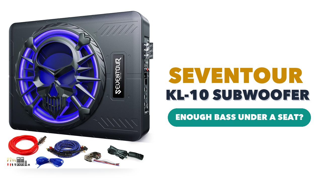 Seventour KL-10 slim subwoofer with a blue LED ring and its wiring kit on a white background