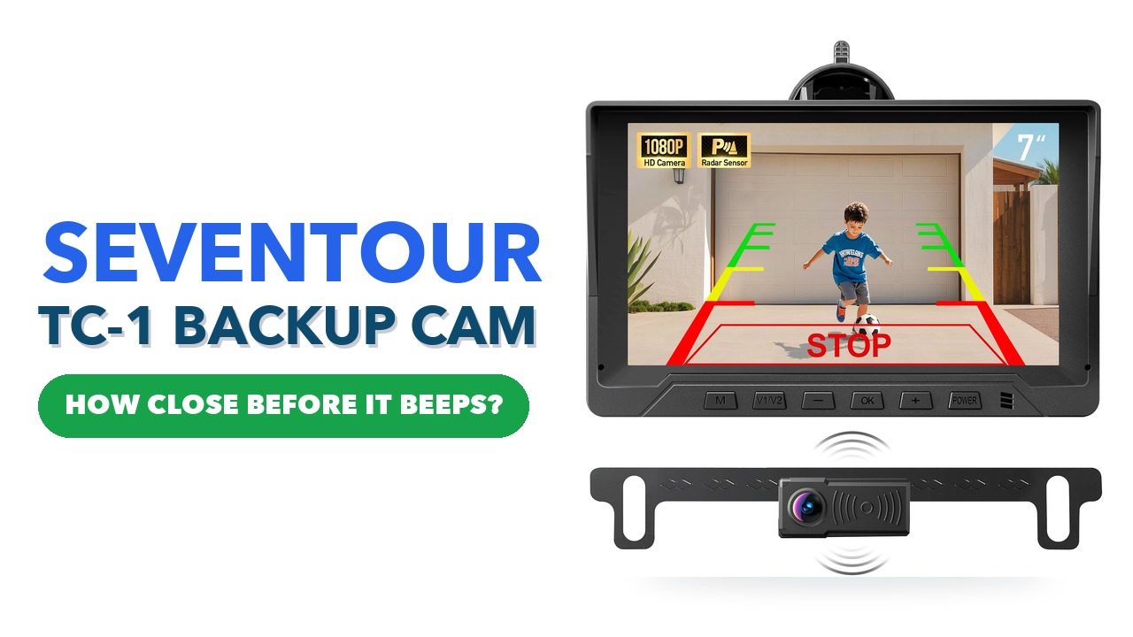 Seventour TC-1 seven-inch monitor showing a rear view with guide lines, above the licence plate camera bracket