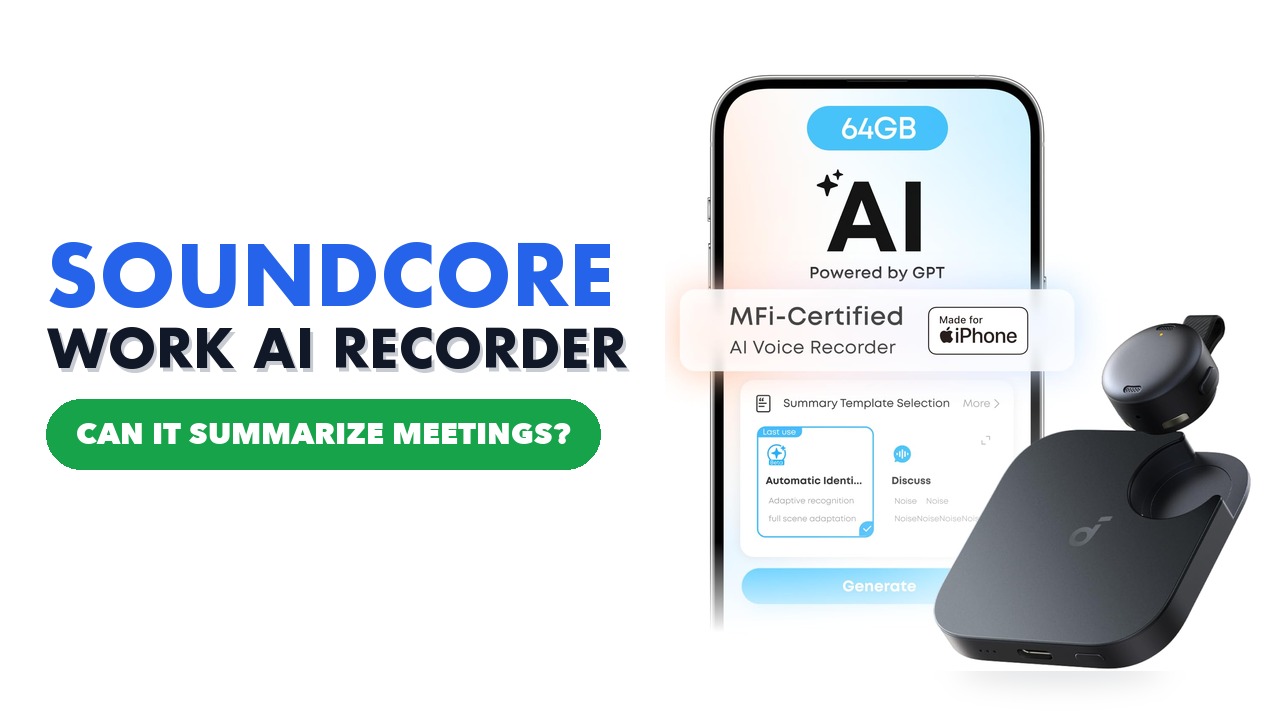 soundcore Work coin-sized AI voice recorder in black on a white background