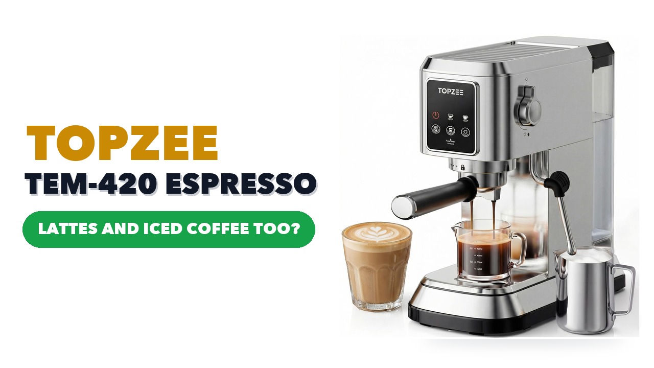 TOPZEE TEM-420 stainless steel espresso machine with a latte and a milk jug on a white background