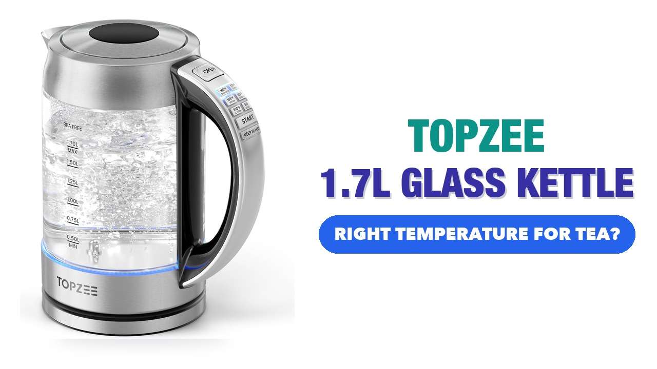 TOPZEE 1.7L glass electric kettle with a stainless steel base on a white background
