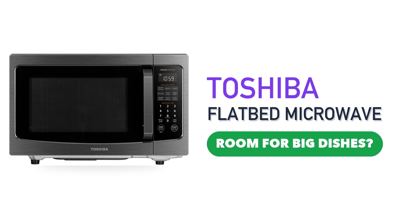 TOSHIBA flatbed inverter microwave in black stainless steel on a white background