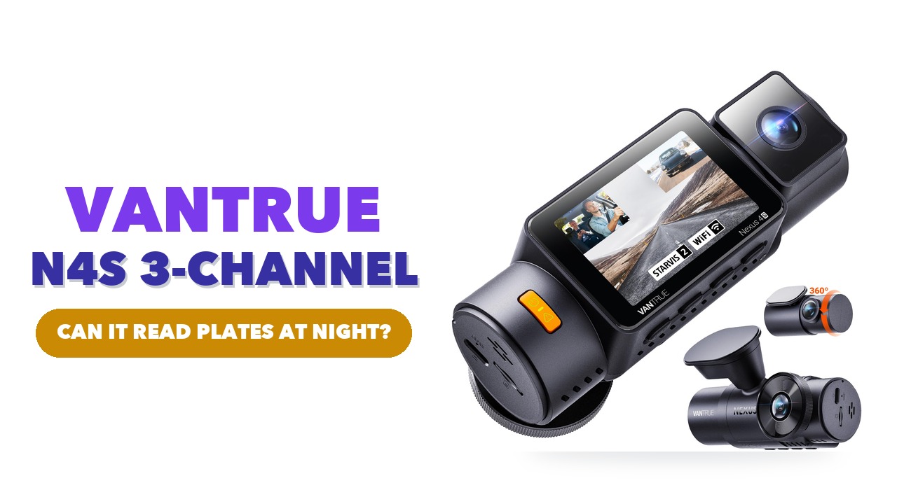 Vantrue N4S three-channel dash cam with its rear camera on a white background