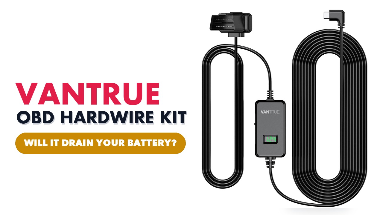 VANTRUE OBD hardwire kit with its coiled USB-C cable and voltage screen on a white background