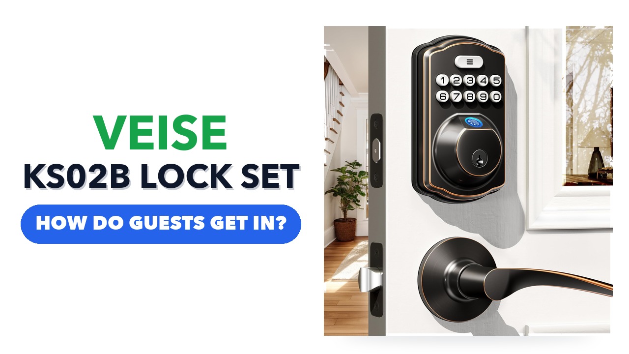 Veise KS02B fingerprint keypad deadbolt and lever handle in oil rubbed bronze on a white door