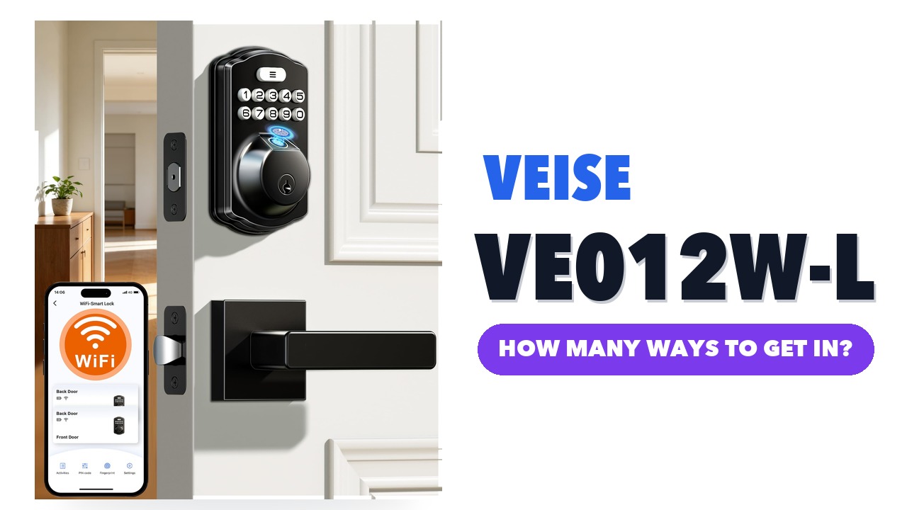 Veise VE012W-L matte black keypad deadbolt and lever handle on a white front door, with a phone showing the app