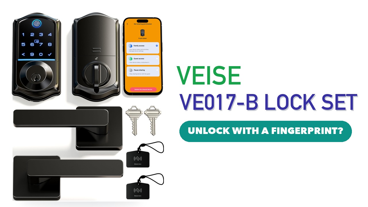 Veise VE017-B fingerprint smart deadbolt with lever handles, keys and key fobs in matte black