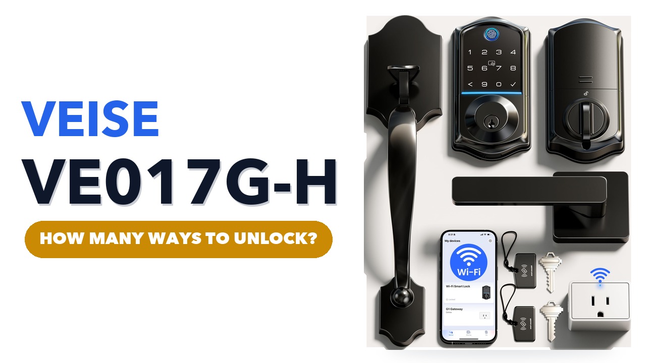 Veise VE017G-H keypad deadbolt with handle set, lever, Wi-Fi gateway, keys and key fobs on a white background
