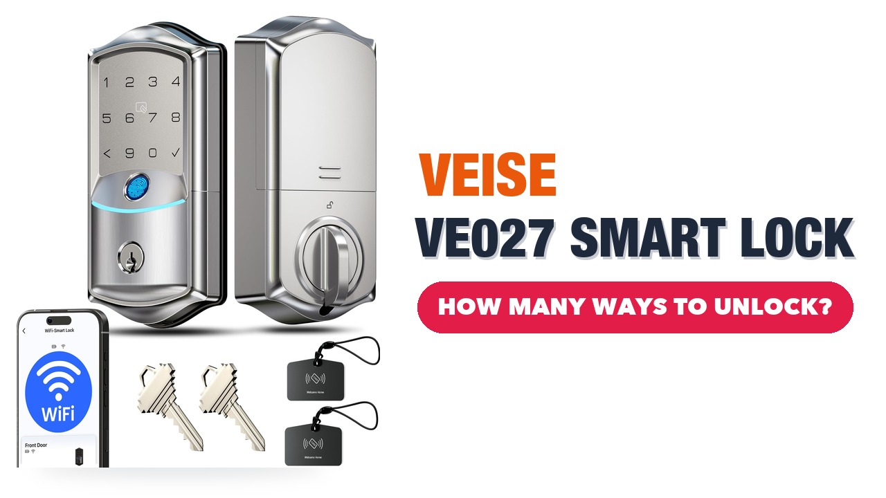 Veise VE027 smart deadbolt in satin nickel with keys, key cards and the app on a phone