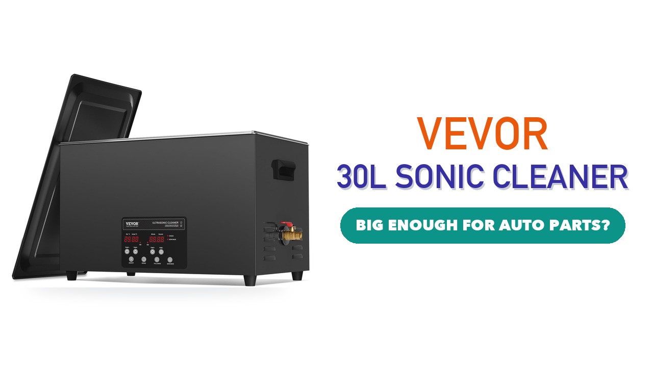 VEVOR 30L ultrasonic cleaner in black with its lid open, on a white background