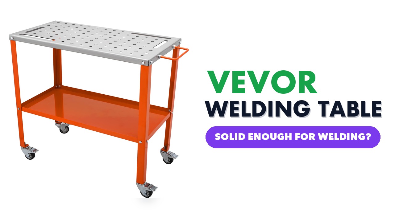 VEVOR 36 x 18 in welding table with a perforated steel top, orange legs and a lower tray on a white background