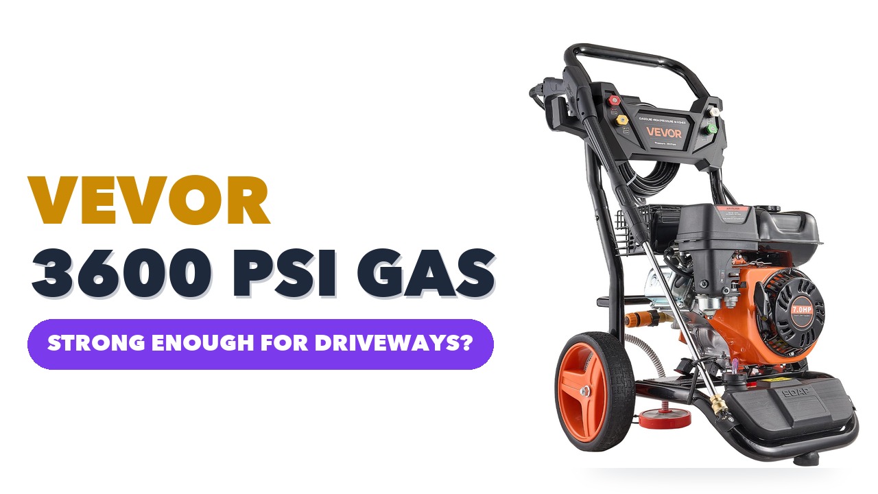 VEVOR gas pressure washer with an orange engine, black steel frame and two orange wheels on a white background