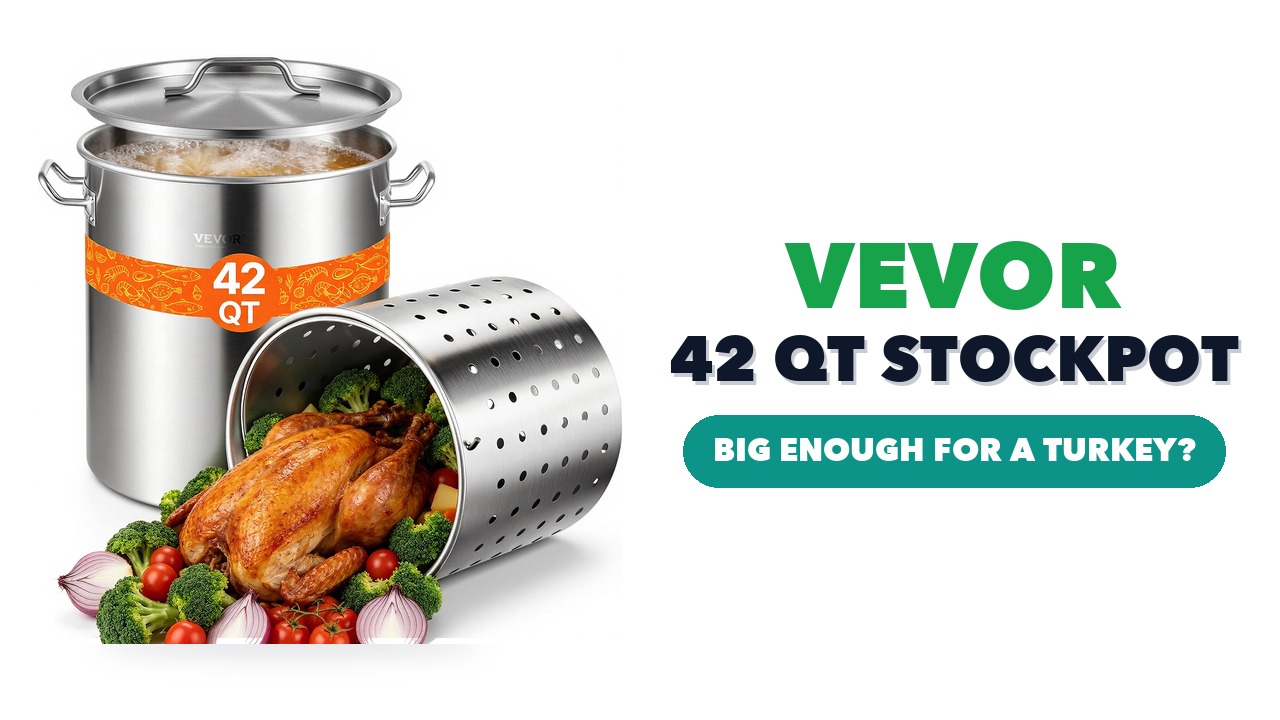 VEVOR 42 quart stainless steel stockpot with its lid and perforated strainer basket on a white background
