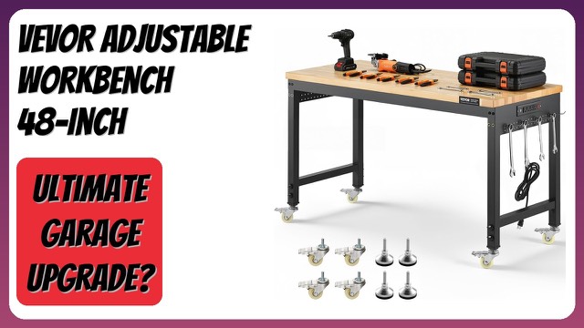 VEVOR adjustable workbench with oak top, pegboard side panels and wheels