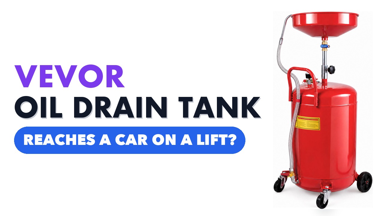 Red VEVOR 20-gallon waste oil drain tank with its funnel raised on a pole, on a white background