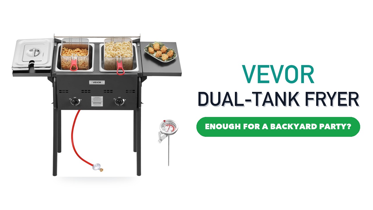VEVOR dual-tank outdoor propane deep fryer cart with two baskets and lids