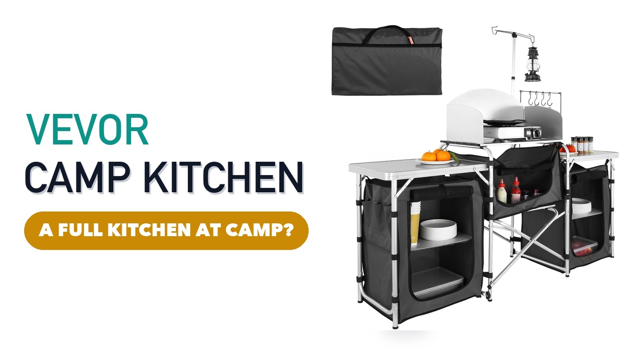 VEVOR folding camping kitchen table with three fabric cupboards and a windscreen, set up on a white background