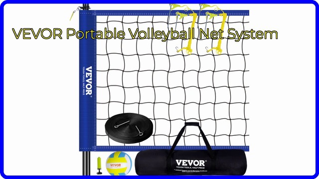 VEVOR portable volleyball net system set up on a lawn with steel poles