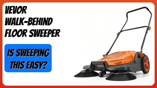 Orange VEVOR walk-behind manual push sweeper on a paved path