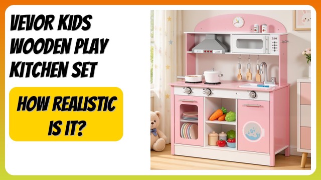 VEVOR pink wooden kids play kitchen with range hood, microwave and sink
