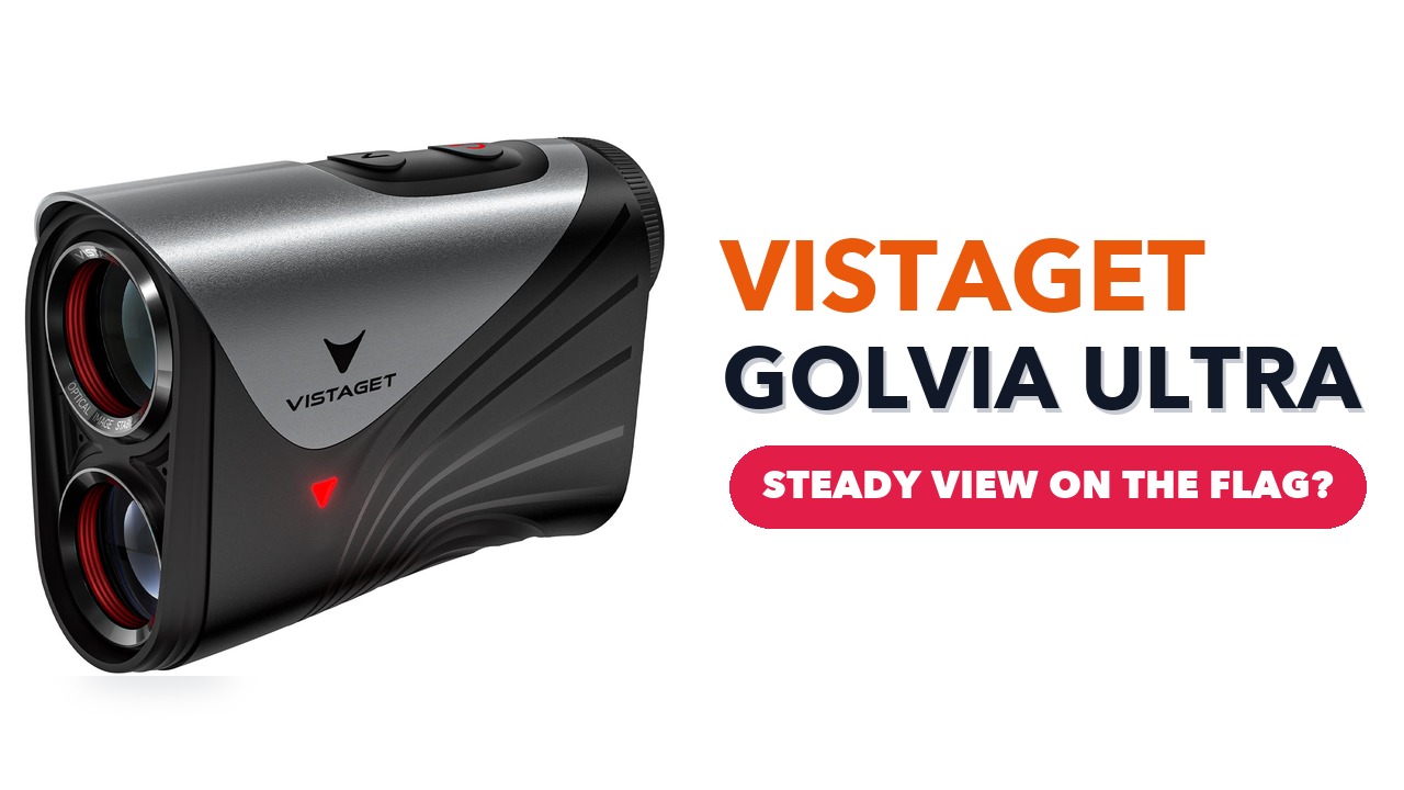 VISTAGET Golvia Ultra golf rangefinder in grey and black with red-rimmed lenses, on a white background